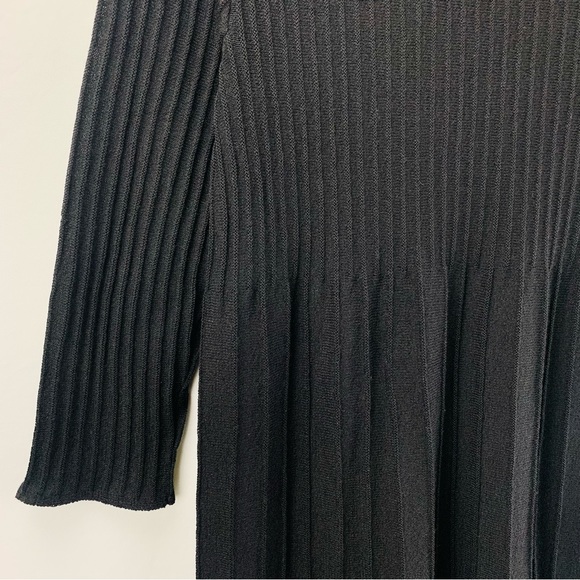 Eileen Fisher Wool Scoop Neck Pleated Ribbed Fit Flare 7/8 Sleeve Dress Black - Picture 9 of 11